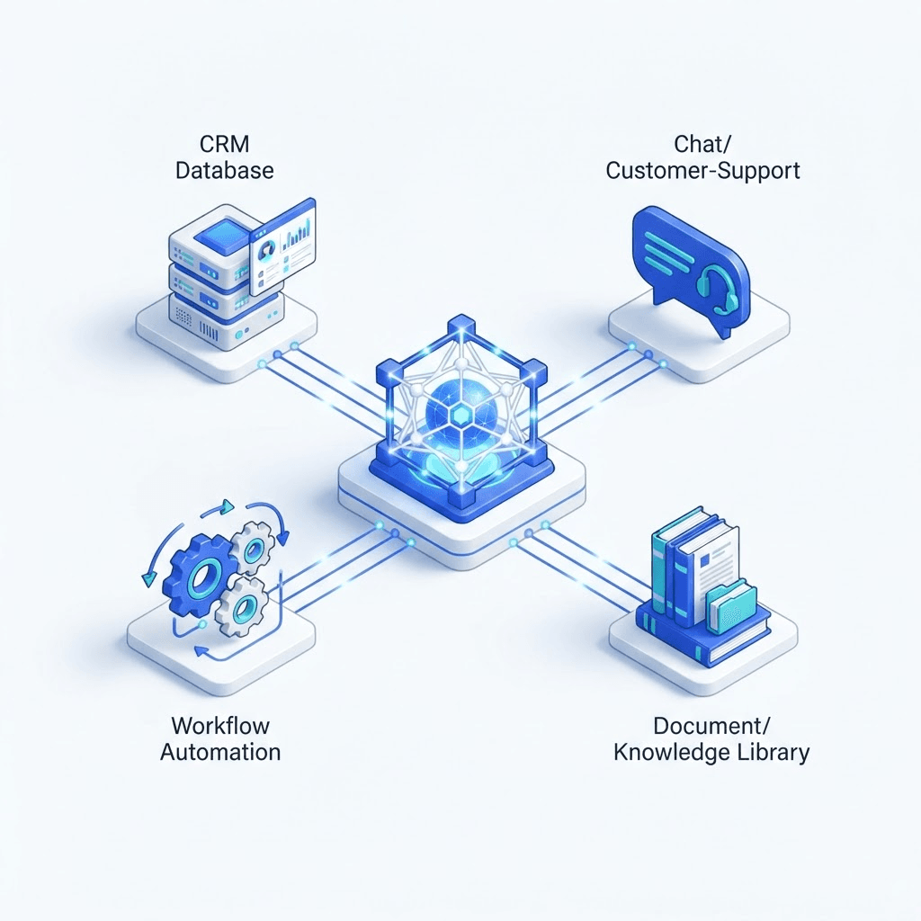 Isometric illustration of an enterprise AI system connecting a neural core to CRM, customer support, workflow automation and knowledge systems
