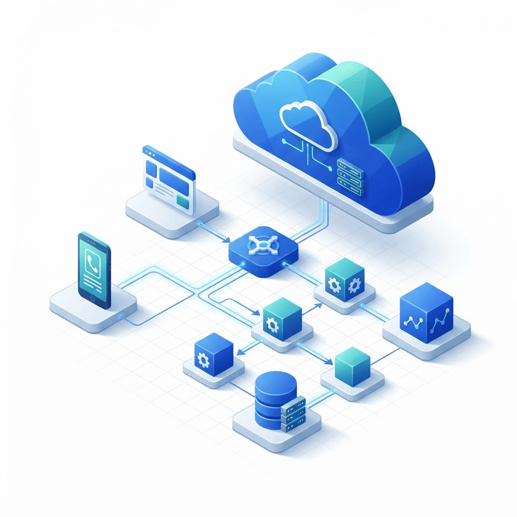 Isometric illustration of a modern software architecture with connected web, mobile, API, database and cloud building blocks