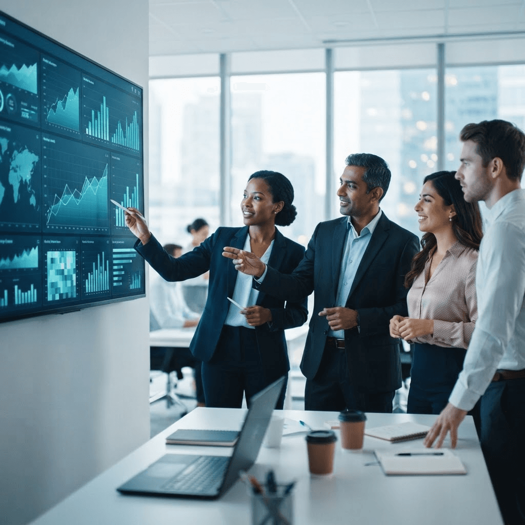 Telemedia strategists reviewing growth and analytics dashboards together