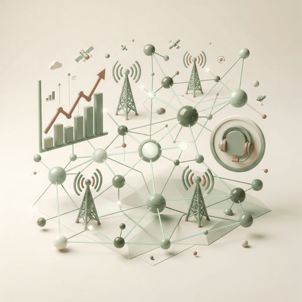 Illustration of a modern telecommunications network with connected nodes, signal towers and rising analytics