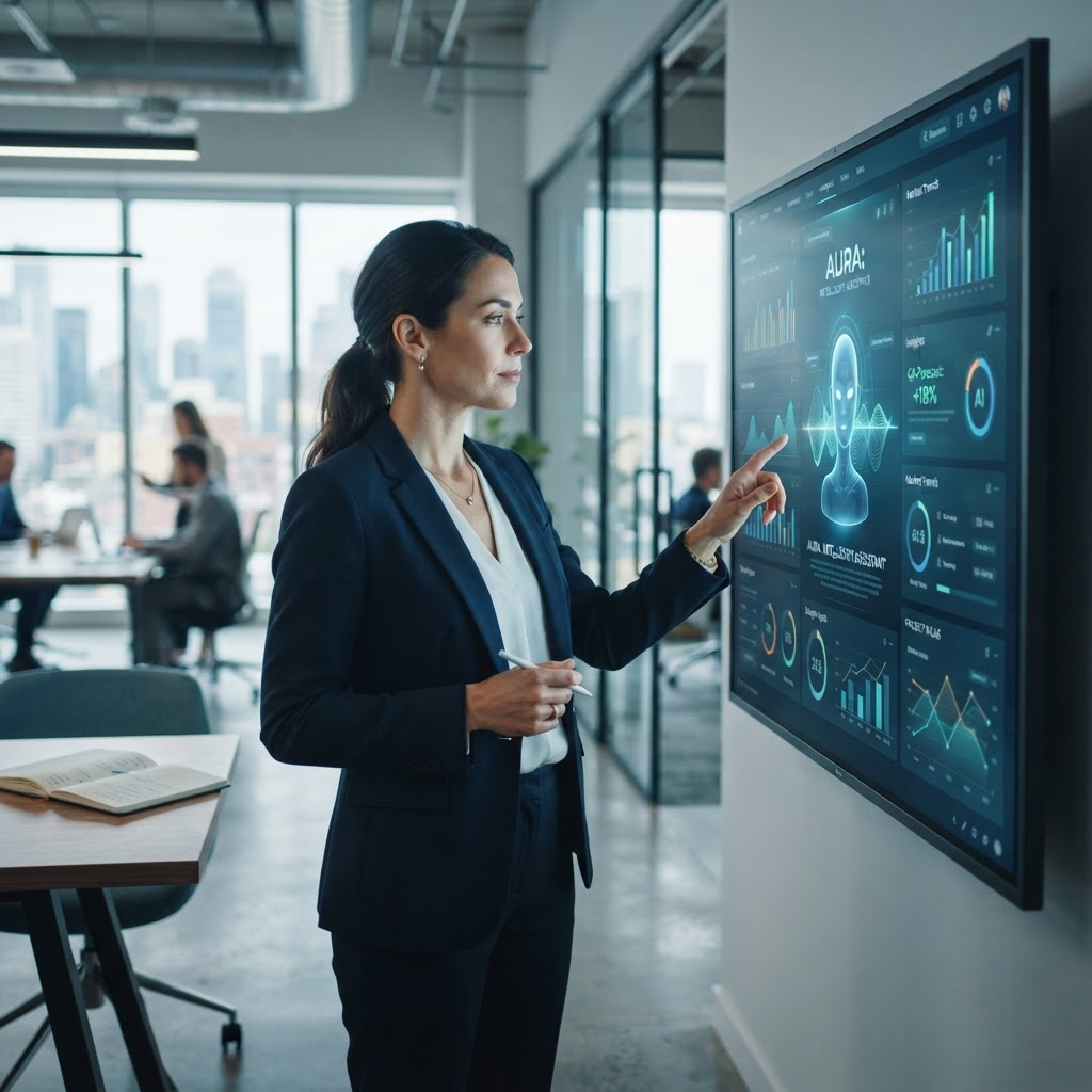 Businesswoman working with an AI assistant interface