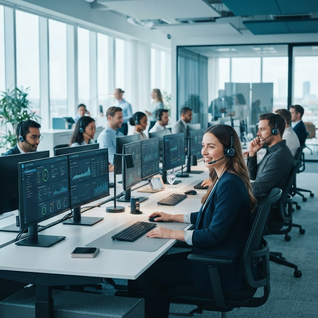 Call center team working at modern workstations